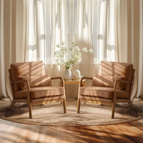Bonnlo Sessel Gepolsterter Cocktailsessel, Moderner loungesessel, Ohrensessel für Wohnzimmer, Polsterstuhl mit Massivholz, Lesesessel, bis 200 kg belastbar, Cord-Stoff (Braun×2)