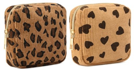 Lot de 2 petites trousses de maquillage - Motif léopard - En velours côtelé - Pour articles d'hygiène - Rangement avec fermeture éclair - Pour sac à main, voyage, période, trousse de maquillage - 13 x