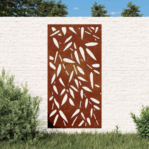Mangloder Garten Wanddeko 105 x 55 cm aus Cortenstahl mit Bambusblatt Design, rostige Wandkunst für Zaun und Terrasse, moderne Naturdeko mit Boho und Vintage Akzent
