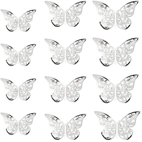 Oblique Unique® 3D Schmetterlinge 12er Set Metall Dekoration inkl. Klebepunkte Wandtattoo Wandsticker Wanddeko in Gold oder Silber - Farbe Wählbar (Silber)