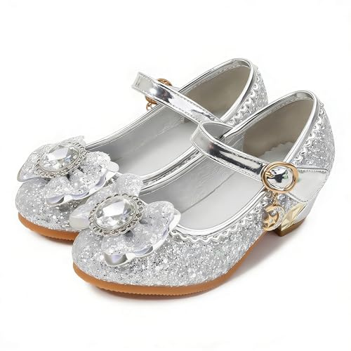 FStory&Winyee Zapatos de Princesa para Niña Purpurina con Lazo Tacones Altos Disfraz Bailarinas Elegantes Cosplay Carnaval Fiestas de Cumpleaños Halloween Ceremonia,Plateado,26