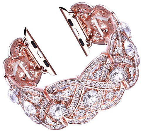 Vikoros Bracelet compatible avec Apple Watch 42 mm 44 mm iWatch Series 5 4 3 2 1 pour femmes et filles, bracelet élastique élégant en métal avec strass, or rose