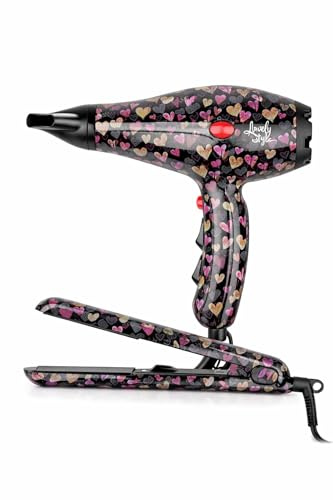 Italian Design - Pack de Secador y Plancha de Pelo con Placas de Titanio Diseño de Corazones | 2 Velocidades y 3 Niveles de Temperatura - Cable Giratorio 360° - Temperatura Máxima 210°C