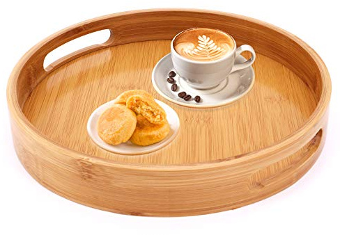Gearific Bambus-Serviertablett, rundes Serviertablett mit Griffen, Frühstücks-Tablett Servierplatten für Kaffee Wein Kaffee Tee Obst Mahlzeiten (Mittel-30x30cm)