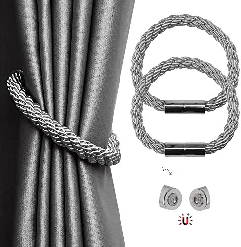 Modern Simplicity Curtain Tie Backs - 2 Pack Strong Magnet Holdbacks, 22 Inch Braided Rope, Grey