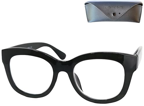 Retro Blaufilterbrille mit Lesestärke, Schwarz, dicker Rahmen & Etui | Blaufilter und UV-Schutz, wählbar ohne Stärke oder +1,0 bis +2,5; klare Gläser, 140 mm breit, Etui inklusive