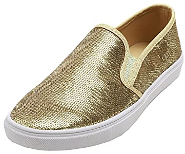 Feversole Women's Featured PU Leather Lace-Up Sneaker, PU läder snörning sneakers för kvinnor, Guld paljett, 40 EU