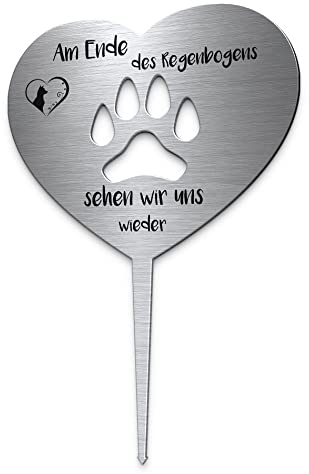 Grabstecker Herz mit Pfote aus Edelstahl mit Trauer Spruch oder Namen | Grabschmuck Hund o. Katze - persönliche Grab Deko für Tiere | wetterfest & personalisierbar für ein Tiergrab o. Garten
