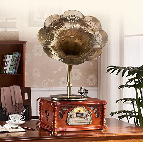 Phonograph Turntable Wireless Speaker, Nostalgic Gramophone with Aux-in, FM Radio, USB Port for Flash Drive, Aluminum Gramophone Vintage Retro Style