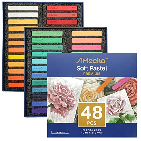 Artecho Pastellkreide 48er Premium Set, 46 Farben Darunter 4 Fluoreszierende Farben, Extra Schwarz & Weiß, Ideal für Künstler, Hobbymaler, Schule, Kunstunterricht.
