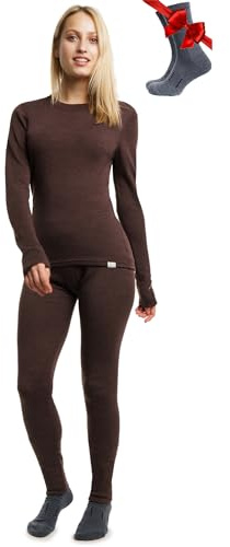 Merino.tech 100% Merino Unterwäsche Damen Set Shirt & Hose + Wandersocken (Medium, 250 Chocolate)