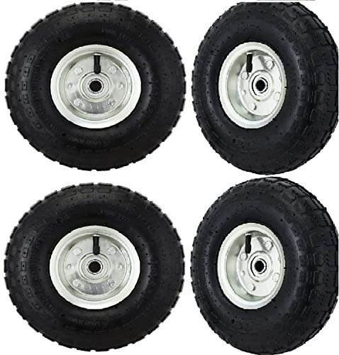 4 Pack 10 3.50-4 Pneumatic Wheelbarrow Wheels – Heavy Duty Sack Truck Trolley Tyres – Rubber Replacement Barrow, Garden Cart & Trailer Wheels with Steel Rim (Black)