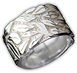 Breiter Silberring für Damen 925er Sterling Silber Bandring Blatt Blättermuster | RG: