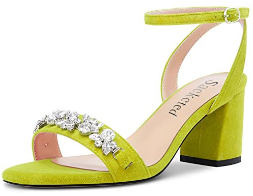 Saekcted Mujer Chunky Ancho Medio Heel Abierta Punta Sandalias Correa Tobillo Diamante Cristal Casual Dress Zapatos Verde Lima 42 EU