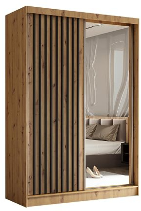 Margaret Hadas24 Kleiderschrank Erika mit Lamellen und Spiegel, Organizer, Mehrzweckschrank, Schwebetürenschrank, Garderobenschrank, Kleiderstange, Kleiderständer, Flurschrank, 150 cm, braun, schwarz