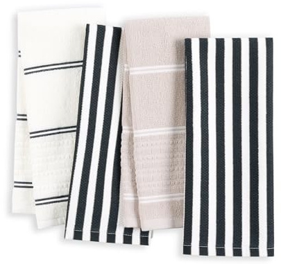 kate spade new york Botanical Stripe Kitchen Towels 4-Pack Set, Absorbent 100% Cotton, Black/Beige, 17x28