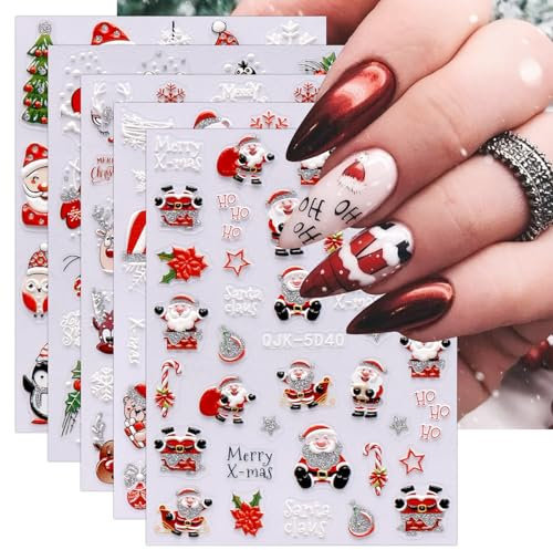 3D Nagelsticker Weihnachten, 6 Blatt 5D Selbstklebend Nagelaufkleber Stereoskopisch Nail Art Sticker Dekoration Nageldesign Zubehör