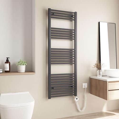 Heilmetz Scaldasalviette Elettrico Bagno 1400x500mm Termoarredo Elettrico Bagno con Termostato LCD Digitale, Temperatura Regolabile Radiatore Elettrico Basso Consumo da Parete Verticale, Antracite