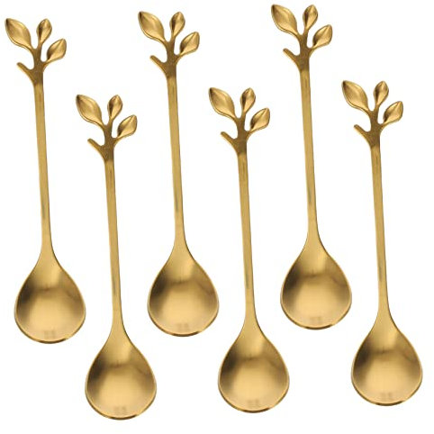 GOOHOCHY Cucharas Doradas Forma De Hoja De Acero Inoxidable De Calidad Alimentaria, Mango Largo, 6 Piezas, Para Café, Postres y Uso Doméstico
