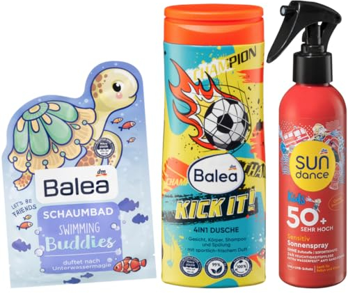 Balea x Sundance 3er-Set Hautpflege: Duschgel KICK IT! 4in1 für Gesicht, Körper, Shampoo & Spülung (300 ml) + Schaumbad SWIMMING BUDDIES (40 ml) + SONNENSPRAY KIDS Sensitiv, LSF 50+ (200 ml), 540 ml