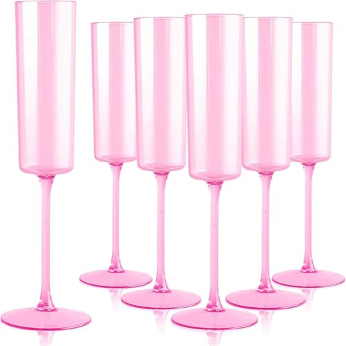 YOUBET 24 Pack Pink Plastic Champagne Flutes - 6 Oz Clear Pink Champagne Glasses - Square Plastic Toasting Glasses for Party Birthday Anniversary Wedding Mothers Day