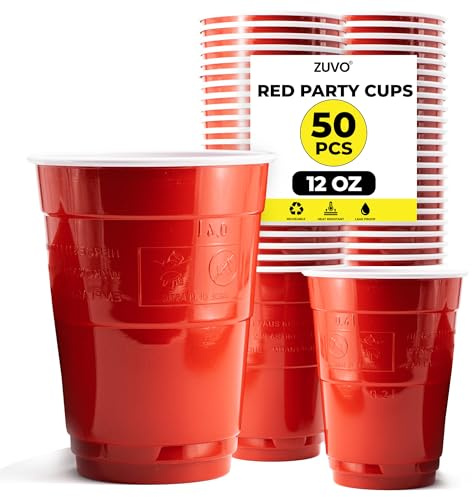 Zuvo Red Party Cups 12oz, Plastic Disposable Cups 50 Pack | Rigid moulded construction, break-resistant, for cider, punch, juice, soft drinks, cocktails and mixers
