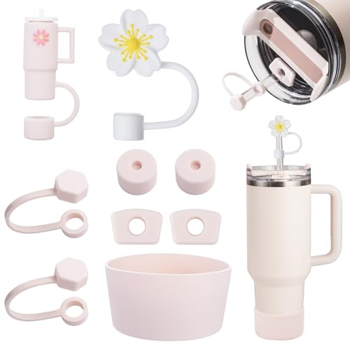 Yuecda Stanley Cup Accessories Set - 6 Pcs Silicone Spill-Proof Stoppers, 2 Straw Cover Caps, 1 Silicone Boot for 40oz & 30oz Cups (Quartz Rose)