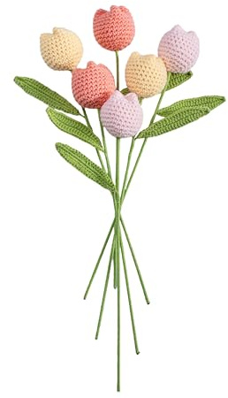 vaiyiyav Handmade Crochet Tulip Bouquet – Crocheted Flower Knitted Yarn Artificial Tulips, Forever Floral Arrangement for Home Decor, Wedding, Birthday