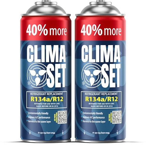 ClimaSet Recambio gas R134a R12 - Kit recarga aire acondicionado coche 2x235 g - Sustituto del refrigerante R134a - botella refrigerante coche - Gas aire acondicionado coche - ECO