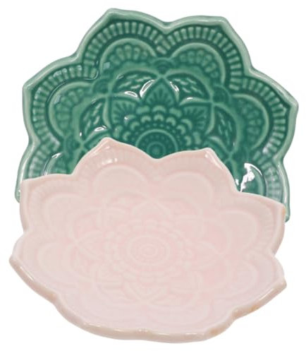Yardenfun 2pezzi Vassoio Decorativo in Ceramica Mandala Forma Di Fiore Verde e Rosa Piatto Portagioie Elegante Per Collane Anelli e Oggetti Da Toeletta Facile Da Pulire e Resistente