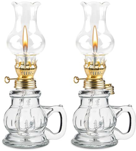 Lampada a Olio per Interni, 2 Pezzi Lampada a Olio di Vetro Trasparente Luminosità Regolabile Retrò Nostalgica, Lampada a Olio Decorativa Antivento per Soggiorno Sala da Pranzo Uso di Emergenza