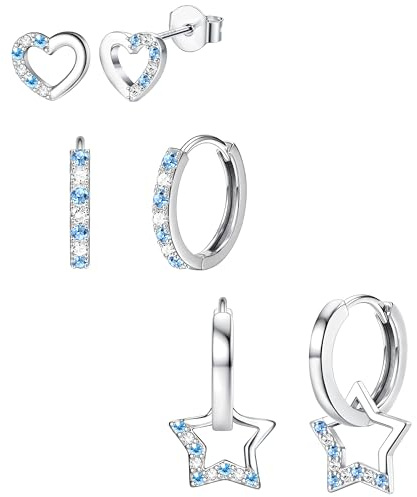 JeweBella Örhängen i flerpack, 3 par örhängen i 925 Sterling silver för kvinnor och tjejer, hypoallergena, med hjärta, stjärna och stift, örhängen i set för flera piercingar, Koppar