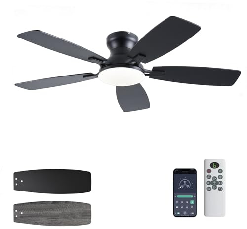 JSAITEE Ceiling Fans with Lights, 42 Inch Low Profile Ceiling Fan with Light and Remote Control, Flush Mount, DC Reversible Motor, Noiseless, Black 6 Speeds Ceiling Fan for Bedroom