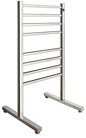 Electric Heated Towel Rail Radiator Bathroom Floor Standing 75W Towel Warmer with 8 Square Bars - Polished 304 Stainless Steel - Waterproof Switch