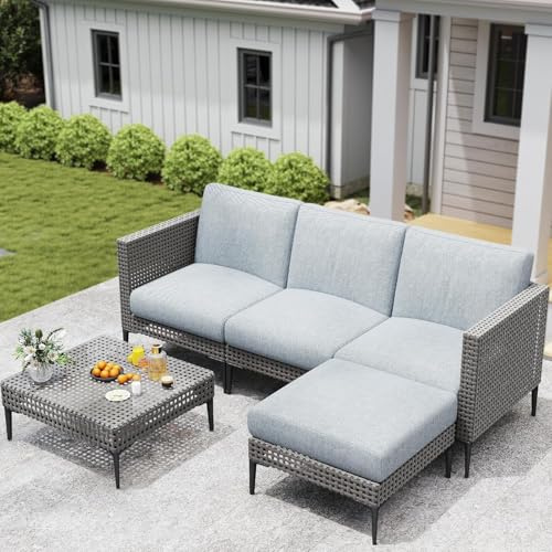 Jocoevol 5-teiliges Outdoor-Terrassen-Gesprächsset - Rattan-Ecksofa in L-Form, bequeme Verdickungskissen für Garten, Balkon, wetterfest, wasserdicht, UV-Beständigkeit