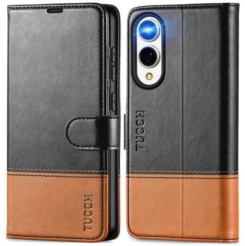 TUCCH Funda para Galaxy S25 Edge, Negro & Marrón | Bloqueo RFID, Soporte Plegable, Ranura para Tarjeta, Cierre Magnético, TPU Antigolpes