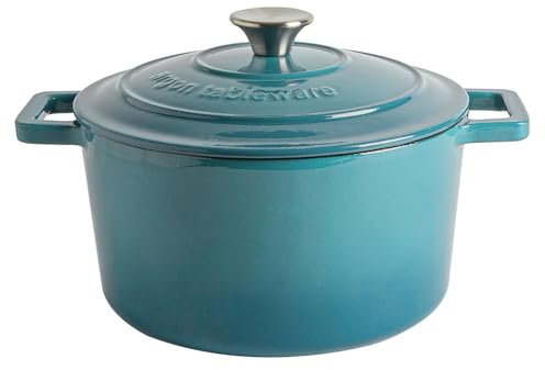 Argon Tableware 4.5L Round Cast Iron Casserole Dish with Self-Basting Lid - Teal Ombre - Induction Hob Cooking 4.75QT Dutch Oven Bread Baking Serving Roasting Stew Stock Pot Cookware Pan