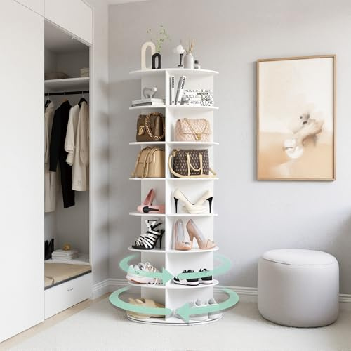 HIZH Drehbares Schuhregal Weiß, 7 Ebenen Rundes Schuhkarussell, 360° Drehbarer Vertikaler Schuhschrank für bis zu 21 Paar Schuhe, Schuh-Organizer