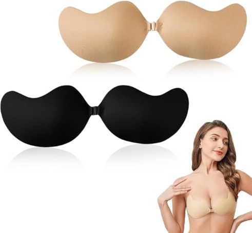 2-Pack Reusable Sticky Bras,Push Up Adhesive Bra for Backless & Strapless Dresses, Invisible Stick-On Bra for Wedding, Party, Deep V Neck Outfits