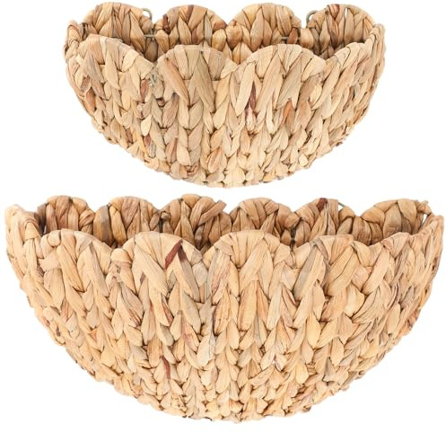 Teenyyou 2 Pack Scalloped Wall Baskets Hanging Baskets Large and Small Decorative Woven Storage Holder for Home Bathroom, 16 x 10.6 x 7 and 14 x 7.9 x 5.7 Inch (Natural,Water Hyacinth)