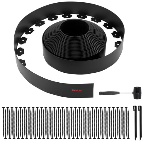 VEVOR Bordatura per Giardino, 20 m x 10 cm, Bordatura in Plastica per Giardino con 60 Punte e 2 Picchetti, Senza Scavo, Bordure Resistente ai Raggi UV, per Prato, Vialetti Aiuole e Pavimentazione