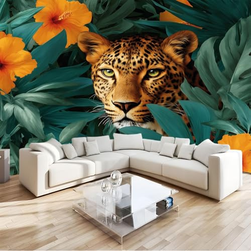 Fotomurales infantiles Estilo jungla plantas tropicales leopardo Papel pintado 3D Tv Fondo Pared Moderno Doficina ormitorio Murales Fotomurales Decorativos 200 x 140 cm