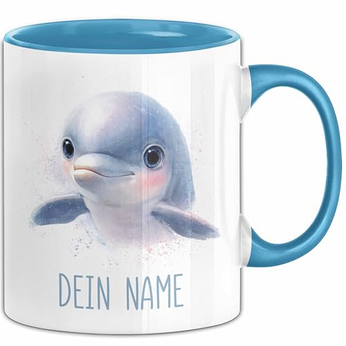 Delfin Tasse mit Namen – Personalisierte Kaffeebecher Geschenkidee Meerestiere süßes Motiv (Blau)