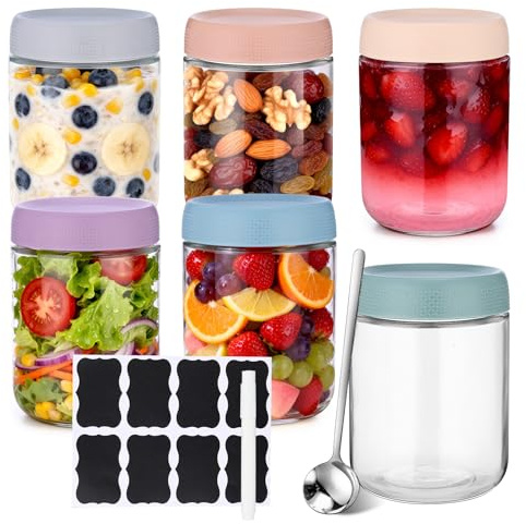 ALEXPRE 6Stück 500 ml Overnight Oats Gläser mit Schraubdeckel | Meal Prep Gläser mit Löffel, Aufklebern und Stift, Wide Mouth Gläser, Einmachgläser für Joghurt, salat, Marmelade, Müsli und