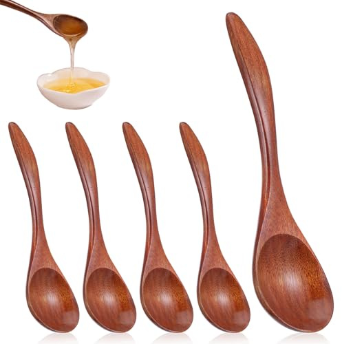 DOPENSPI Lot de 5 cuillères à soupe en bois Nanmu - Petites cuillères en bois - 17,5 cm - Ustensile de cuisine - Cuillères à soupe en bois - Cuillères en bois pour repas, mélanger, remuer et cuisiner