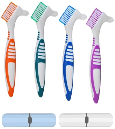 Fonyiunce 4 Pièces Brosse à Dents Dentier Avec étui, Tête de Brosse à Double Angle Brosse Nettoyage Dentier Ergonomique Portable Pour l'entretien des Prothèses Dentaires