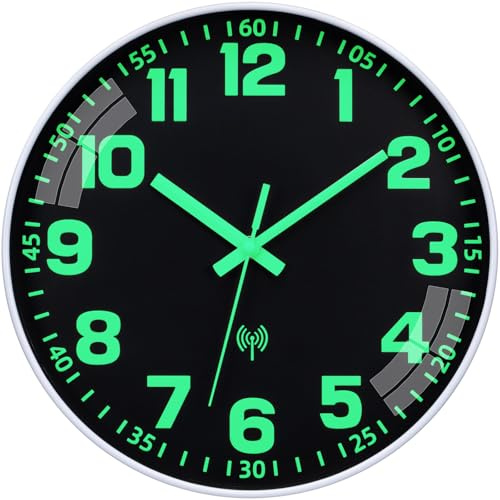 Warminn Reloj de Pared Radiocontrolado Luminoso Silencioso 25 cm | Cuarzo, Moderno, Grande, Batería, Fácil De Leer, Para Habitaciones, Hogar, Cocina, Dormitorio, Oficina, Escuela