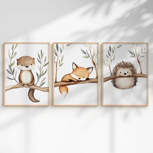 Generisch Waldtiere Poster Set Kinderzimmer – Otter, Fuchs & Igel Wandbilder – Babyzimmer Deko Mädchen & Jungen – Bilder Aquarell Tiere (DIN A3)
