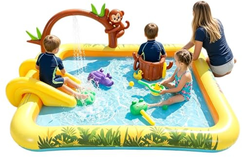 Children's Paddling Pool with Slide, Cute Animal Inflatable Fun with Slides | Children outdoor for outdoors, yard, lawn, patio, park, playground, home, school, holiday