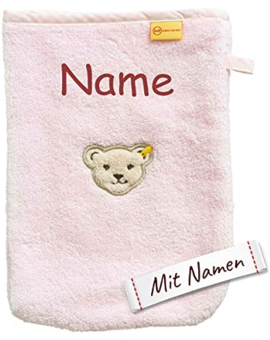LALALO Steiff Bär Kinder Waschhandschuh mit Namen Bestickt, Mädchen Rosa, Baby Kleinkind Waschlappen Waschtuch zum Baden als Geschenk zur Geburt Taufe Ostern Weihnachten Geburtstag